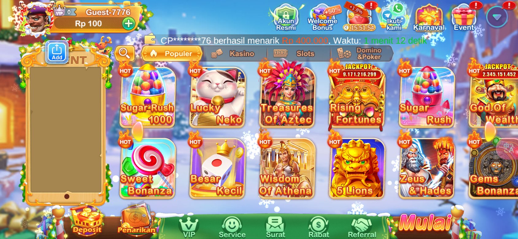 Pilihan permainan slot dengan jackpot besar seperti Sugar Rush 1000 dan Gems Bonanza.