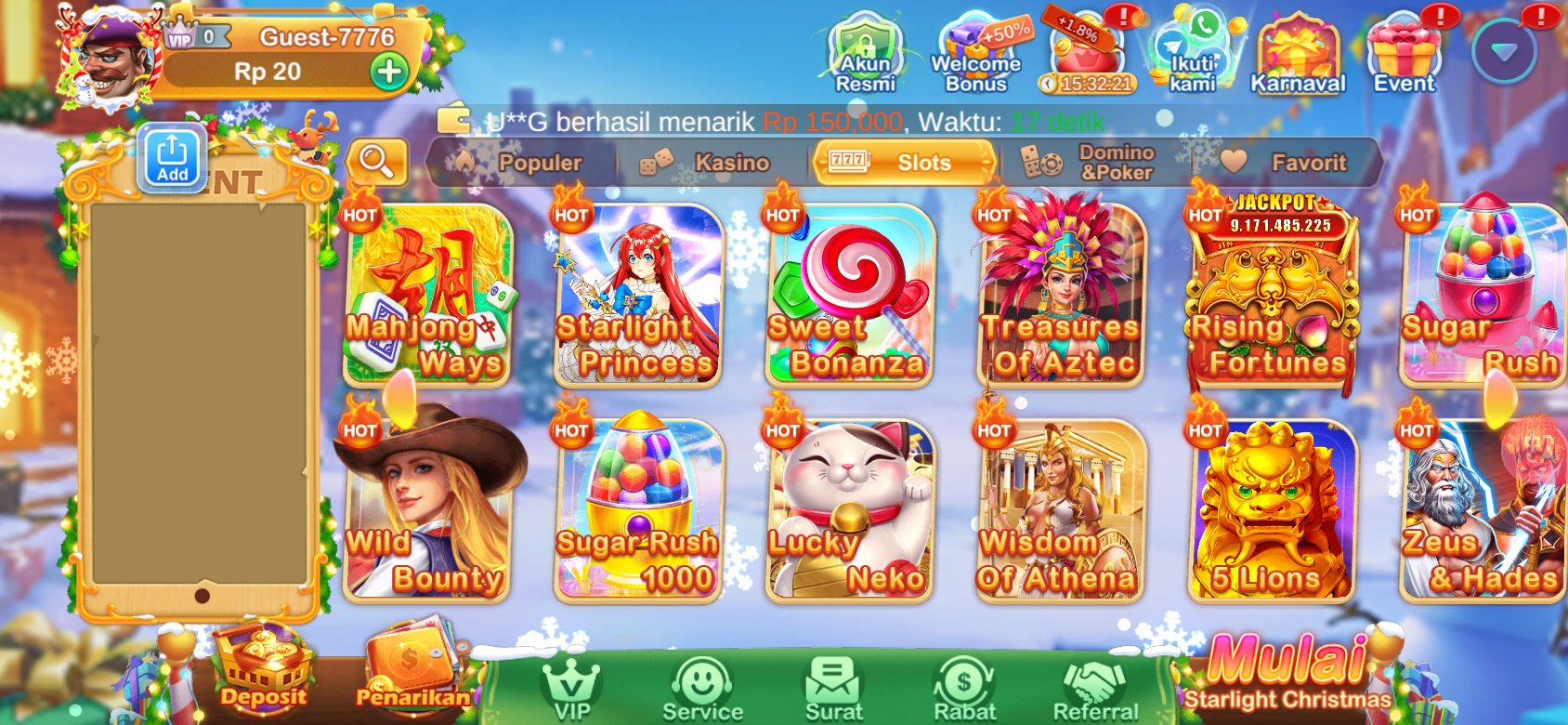 Permainan slot populer seperti Lucky Neko dan Treasures of Aztec dengan jackpot besar.